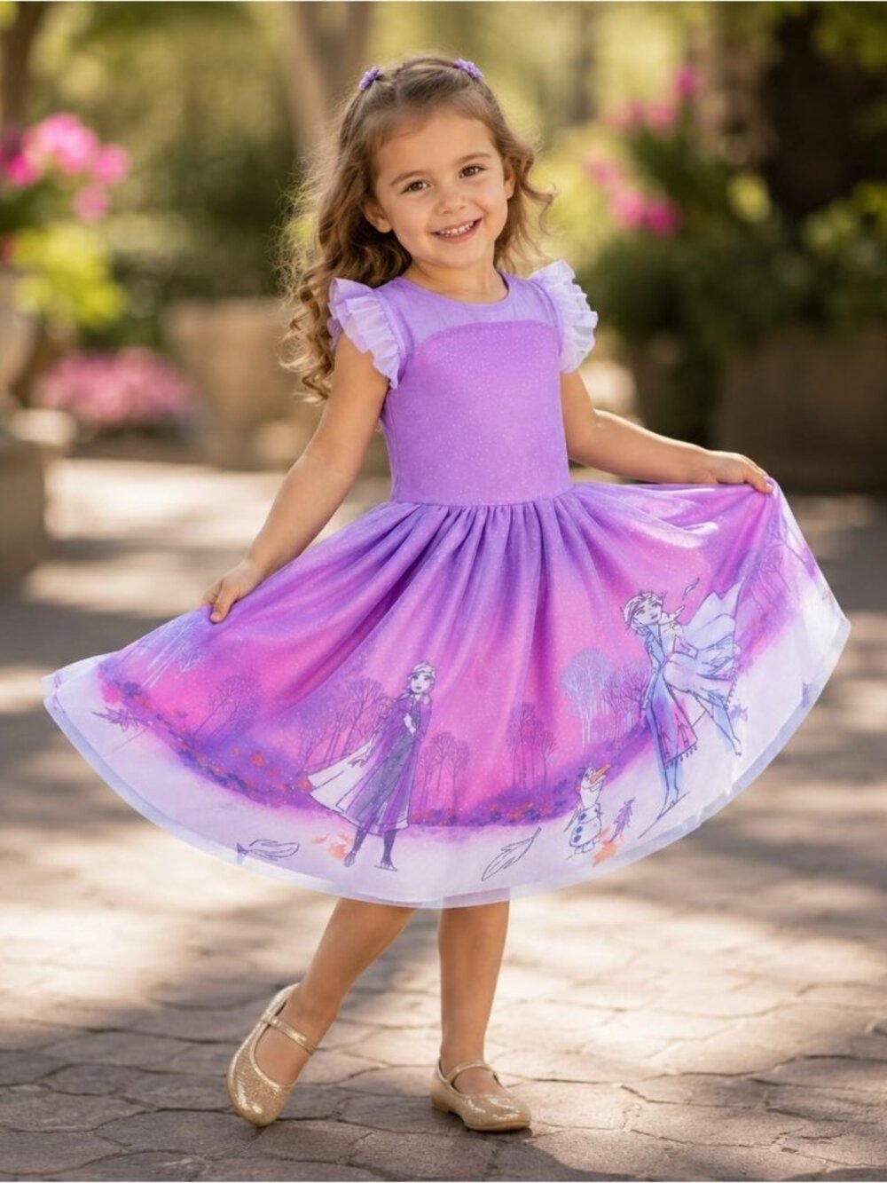 Disney Frozen 2 Dress Fit & Flare Elsa, Anna, Olaf Print Glitter Mesh Flutter